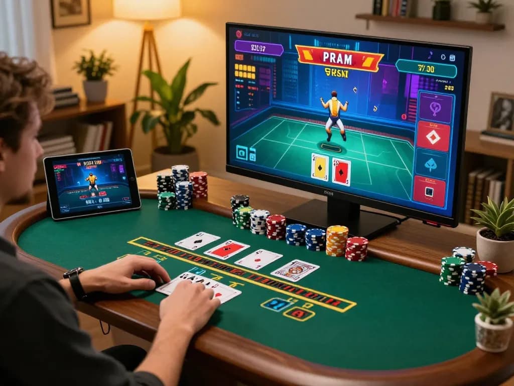 Player enjoying hitclub online blackjack game, chips stack and cards dealt live, cozy home environment.