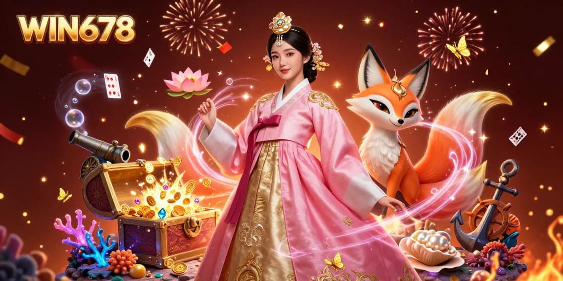Experience the thrill of WIN678 with a vibrant 3D illustration showcasing an elegant Asian woman and a lucky fox amidst magical gaming elements.