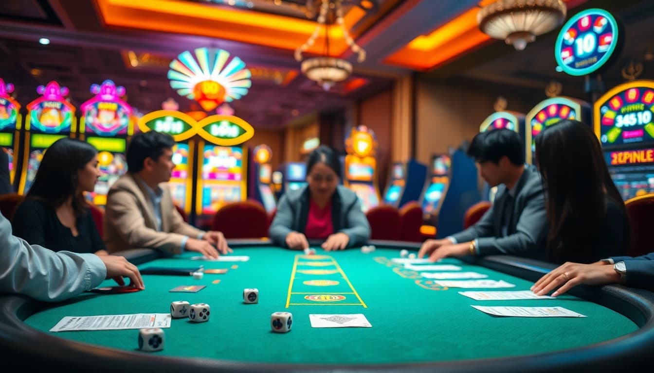 Engaging scene of players enjoying high-stakes poker at a luxurious casino table, embodying the spirit of liên minh kjc.