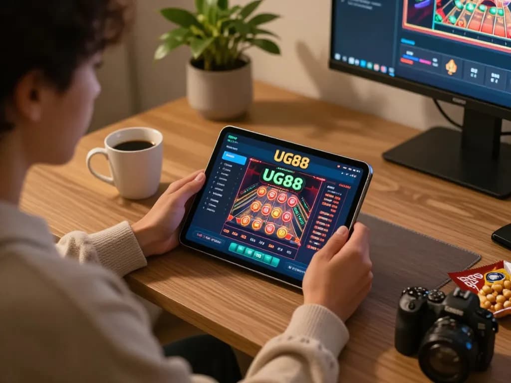 Engaged player using UG88 app on tablet in a cozy home setting, emphasizing responsible online gaming.
