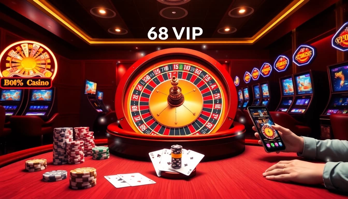 Exciting online gambling scene featuring 68VIP with roulette, poker chips, and slot machines.
