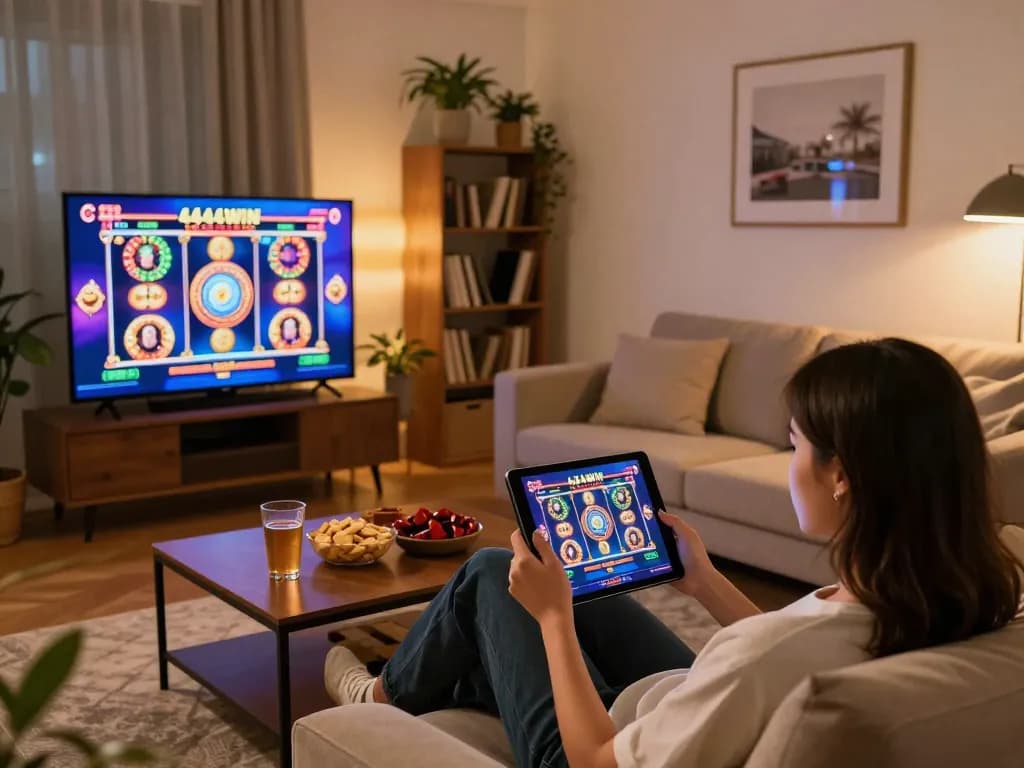 Engaging with the 4444WIN casino app on a tablet during a cozy home gaming session.