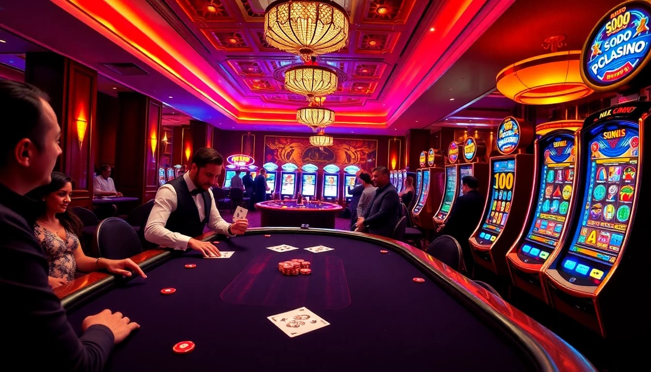 Exciting gameplay at SODO CASINO with vibrant poker table action and glamorous slot machines.