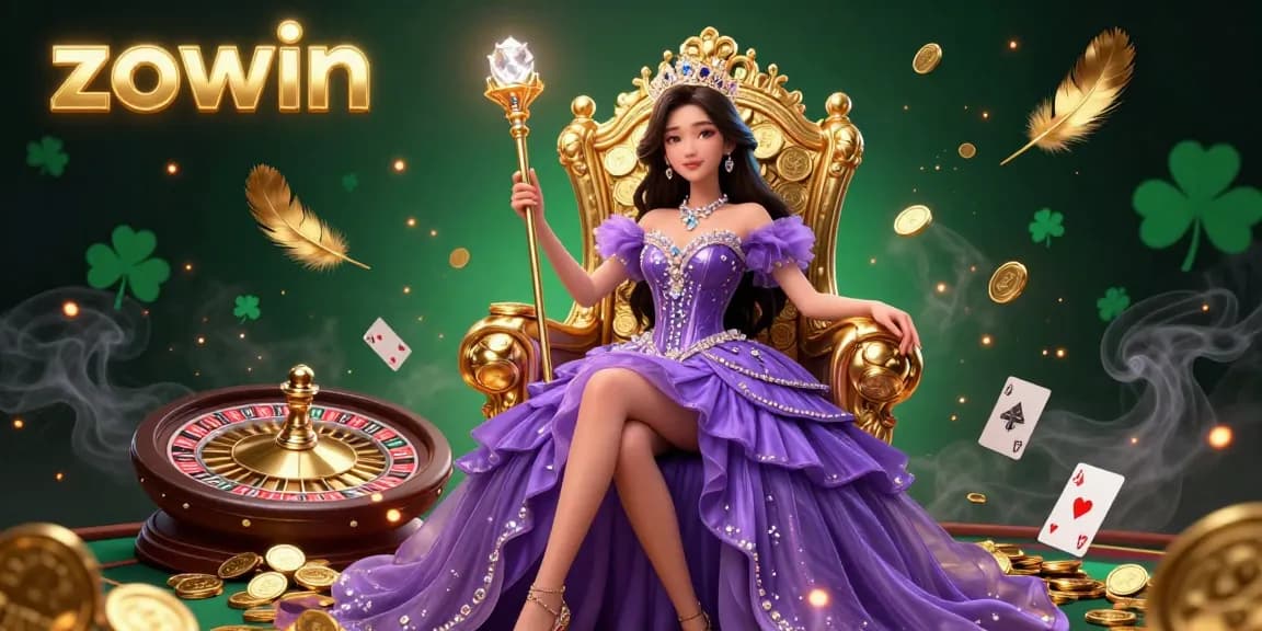 Zowin casino features a stunning scene with vibrant game elements and a beautiful royal character.