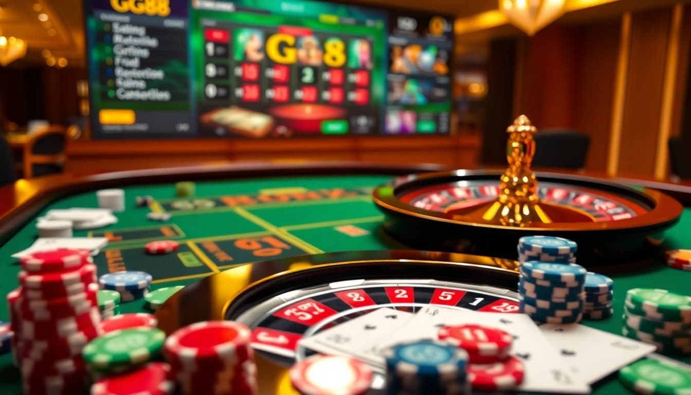 Experience the excitement of GG88 with vibrant poker chips and a roulette wheel in a luxurious casino setting.