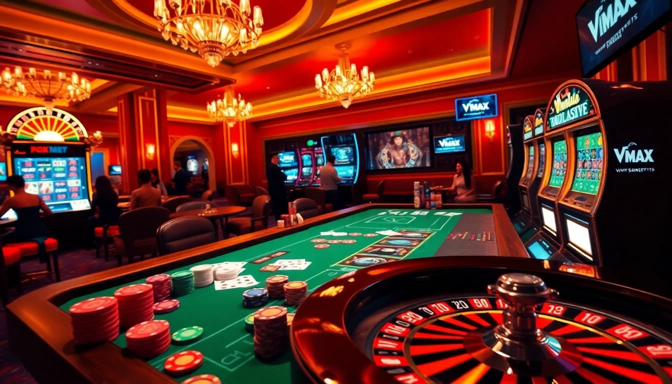 Experience thrilling gaming action at Vmax with high-stakes poker and vibrant slot machines in a luxurious casino setting.