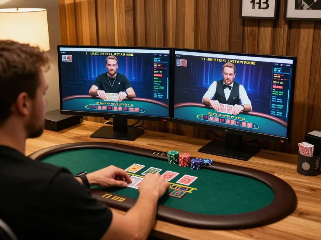 MM88 live dealer blackjack game in progress with a player focused at home, showcasing immersive online gaming
