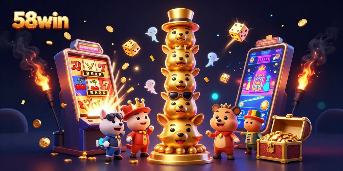 Experience thrilling casino gameplay with 58win's vibrant 3D illustrated scene full of excitement.