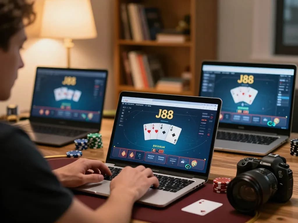 Person engaged in J88 online poker game, focused on gaming strategy with laptop in cozy setting