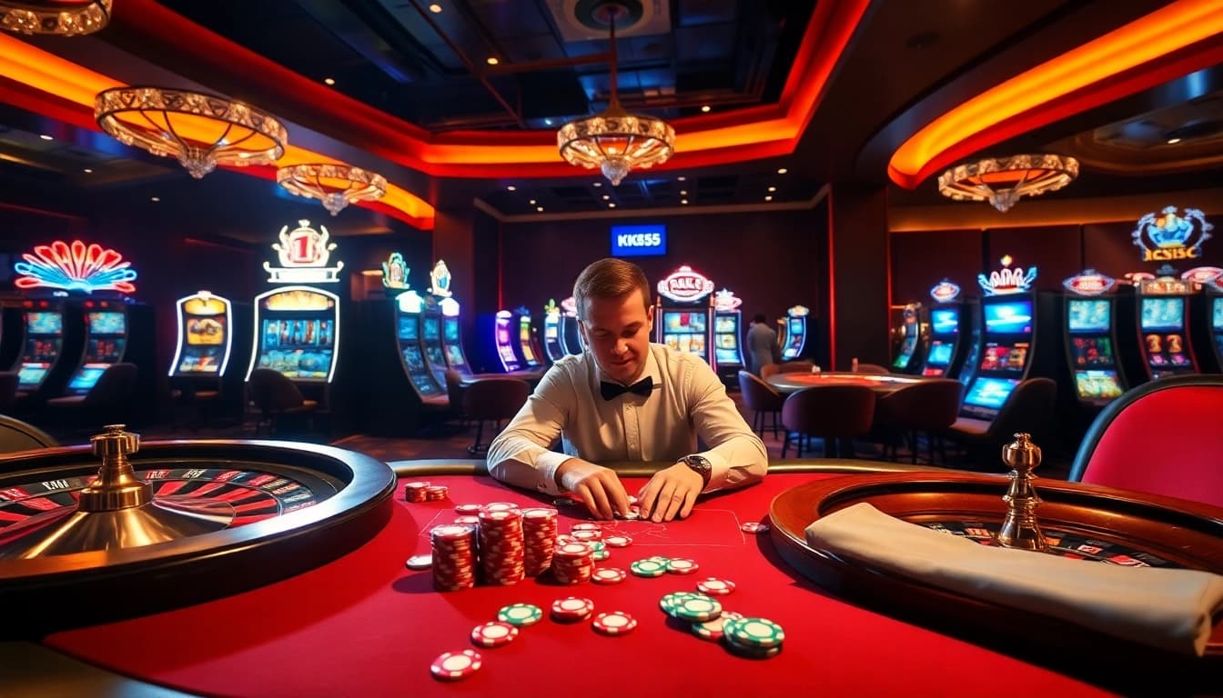 Experience the excitement of KK55's casino with high-stakes poker and vibrant slot machines.
