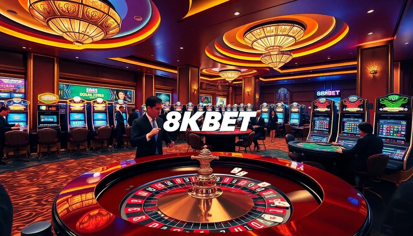 Dynamic casino scene showcasing 8KBET's luxury gaming experience with vibrant tables and excited players.