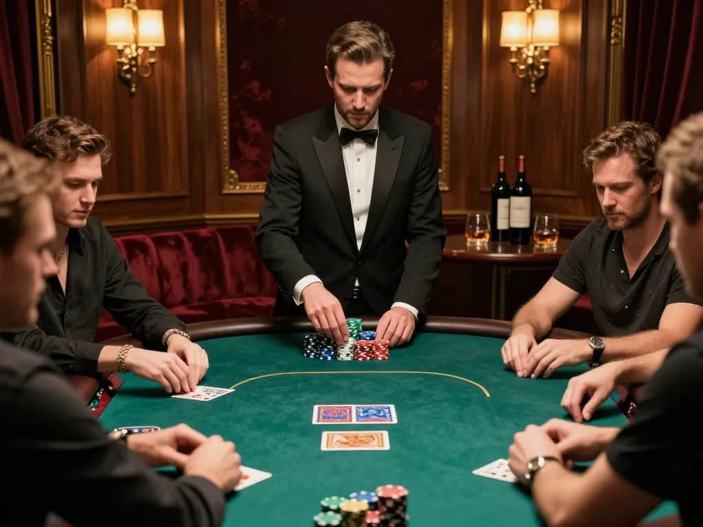 Engaging poker players focused on their cards at a debet strategy session in an upscale casino