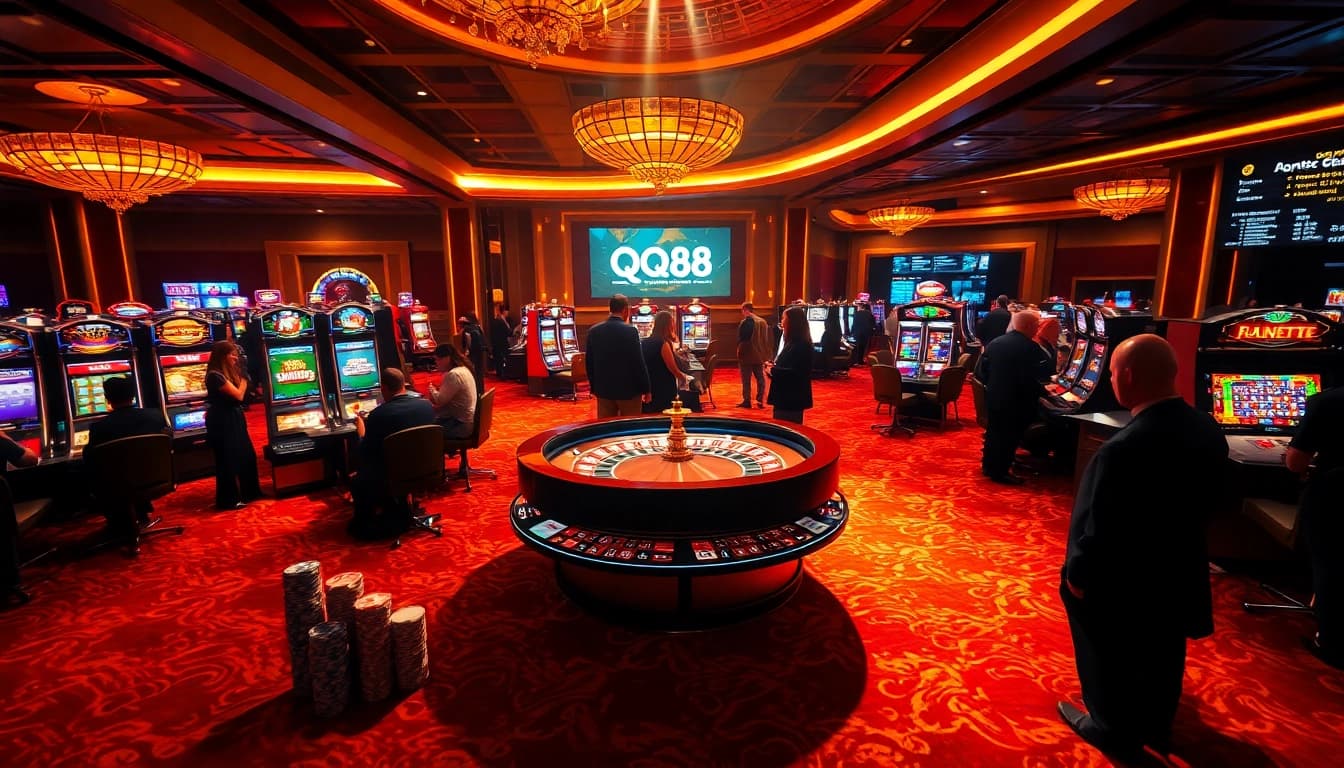 Experience the thrill of QQ88 in a luxurious casino atmosphere with exciting gaming elements.