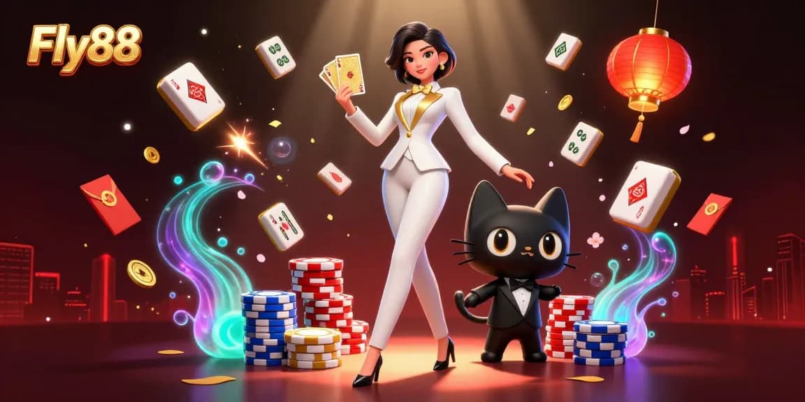 Fly88 showcases a glamorous woman shuffling cards with vibrant casino elements, enhancing gaming thrill.