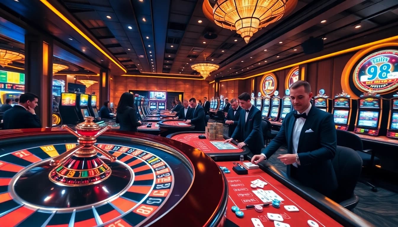 98win casino scene with sophisticated gamblers enjoying roulette and poker tables.