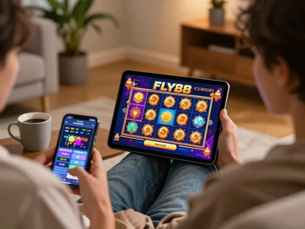 Engaging with FLY88 slot game on tablet in a cozy home setting, showcasing responsible gaming lifestyle.