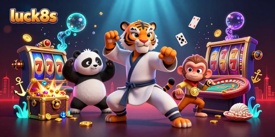 Engage with luck8s casino fun featuring a kung fu tiger master, panda disciple, and playful monkey amidst slot reels.