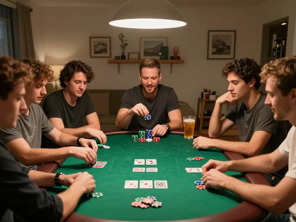 Friends enjoying an exciting poker night at home, showcasing hay88x gaming strategies and social bonding.