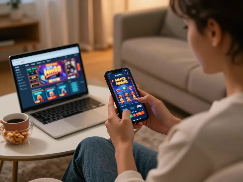 Player enjoying MM88 casino game on smartphone in a cozy home atmosphere.