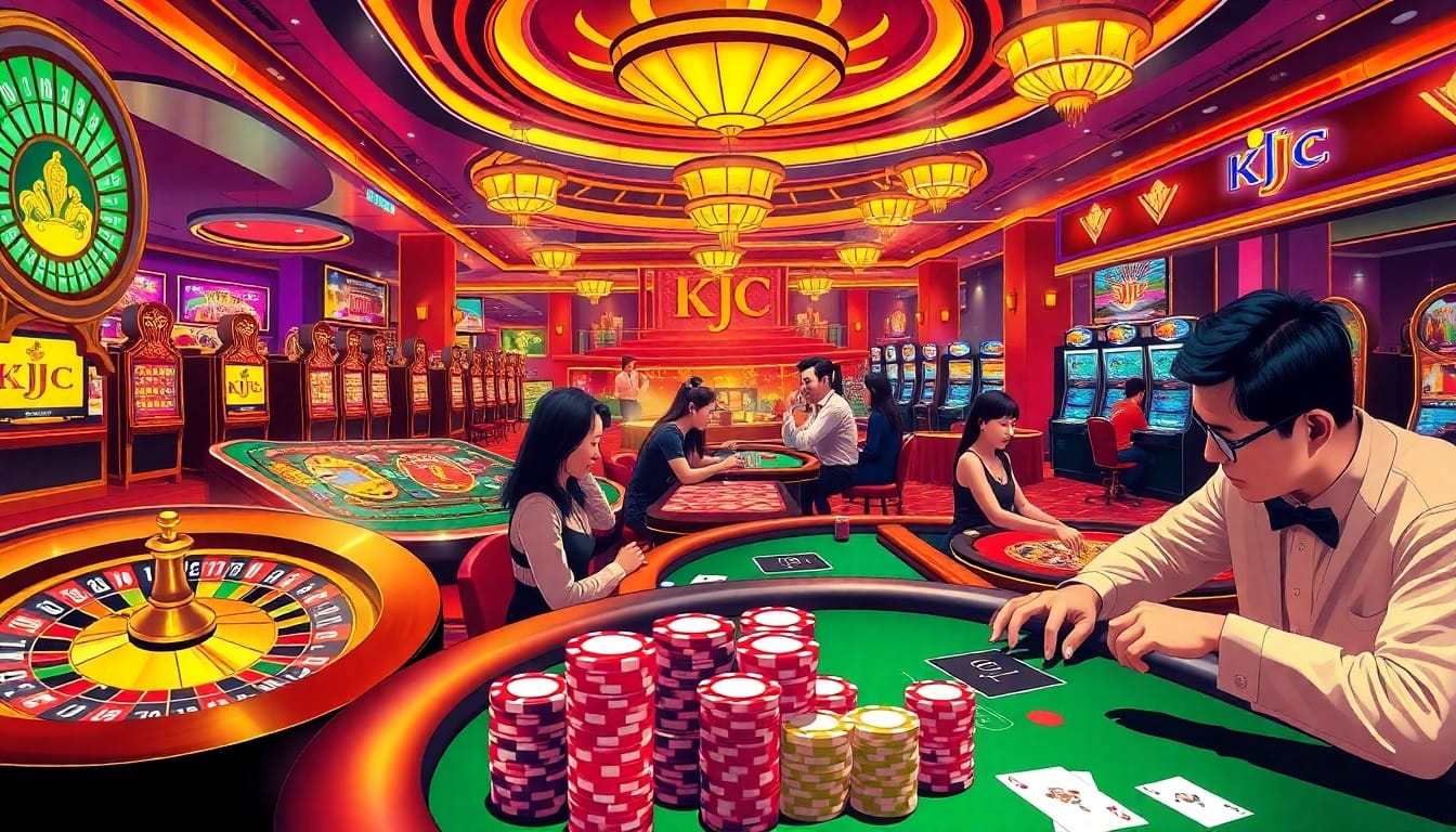 KJC branding shines in a luxurious casino environment filled with exciting games and vibrant players.