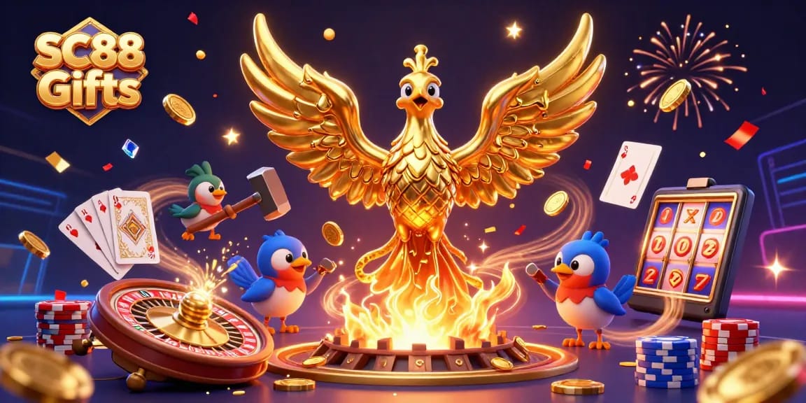 Experience thrilling SC88 Gifts with a golden phoenix and casino treasures in a vibrant scene.