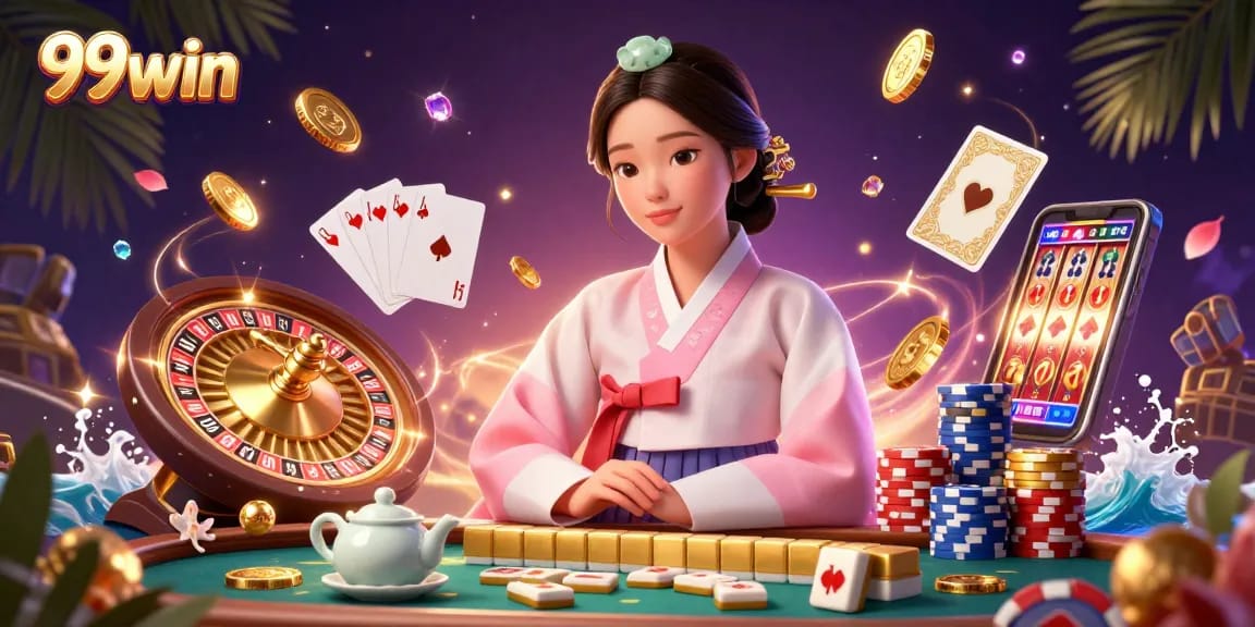 Win big with 99win in a stunning illustrated casino scene showcasing vibrant elements and lavish gameplay.