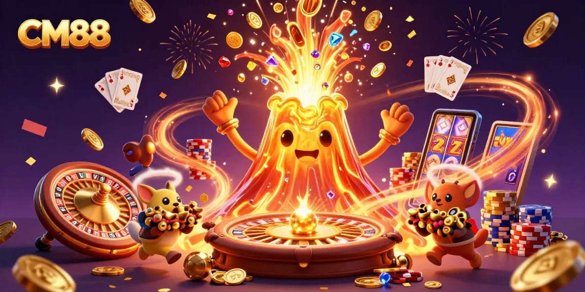 Win big at CM88 with a vibrant 3D casino scene bursting with coins and treasures.