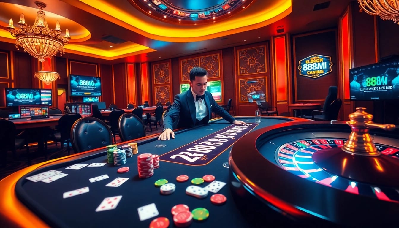 Engaging gaming action at https://888vi.codes/ with vibrant poker table and roulette wheel.