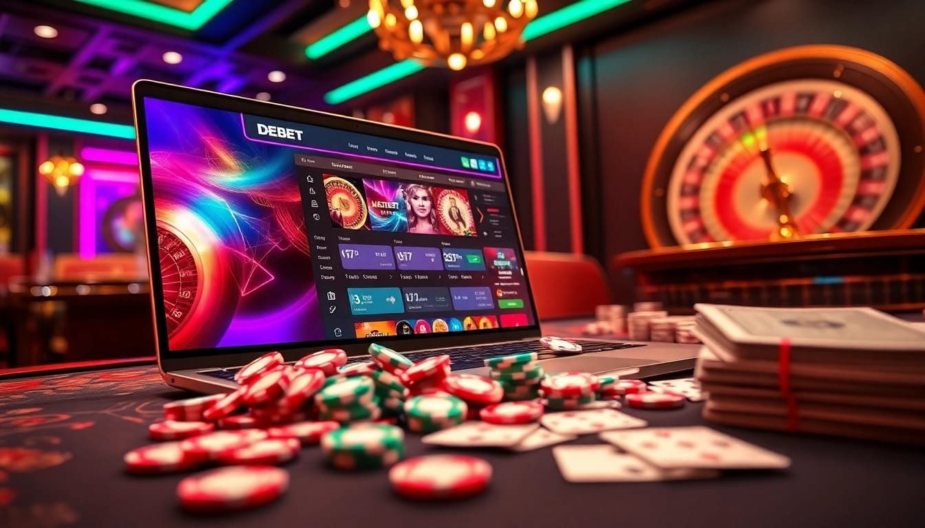 A high-stakes DEBET casino scene showcasing poker chips and a sleek betting interface.