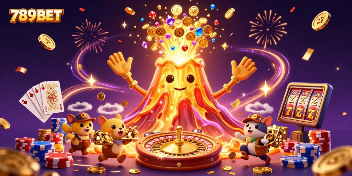 Join the excitement at 789BET with a treasure-filled eruption of coins and gaming elements.