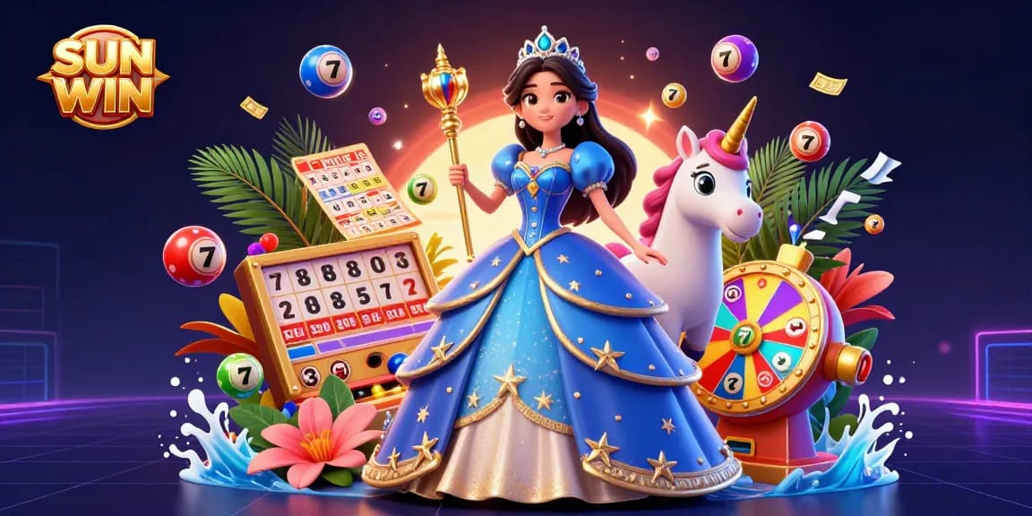Experience the excitement of SUN WIN with lively slot reels and magical elements in this 3D casino scene.