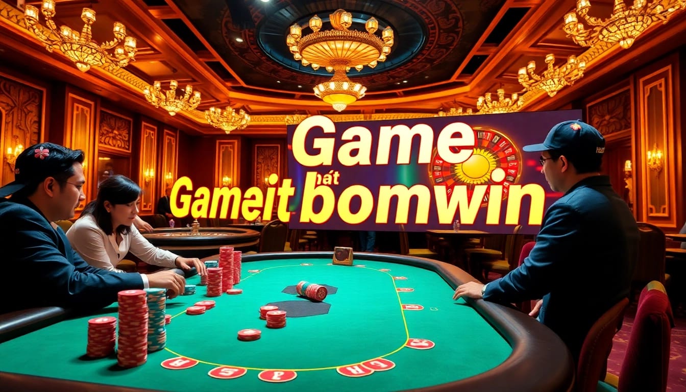 Engaging in Game bài bomwin at a vibrant casino poker table, with excited players and colorful chips.