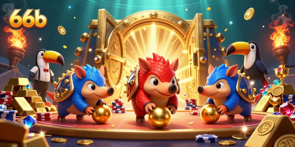66b pangolins compete in a vibrant casino scene with poker chips and treasures