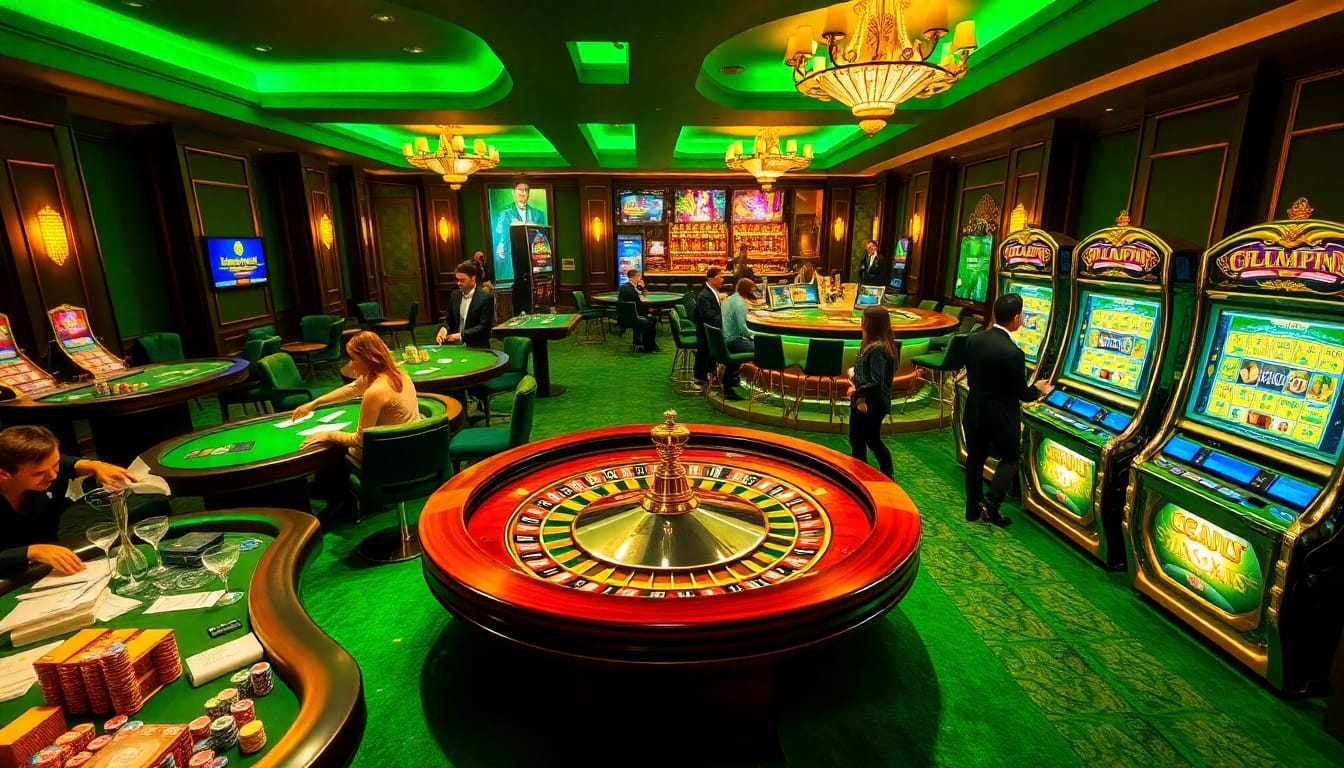 Experience the thrill of gambling at https://da88st.com/, featuring a lively casino scene with a roulette wheel and poker game.