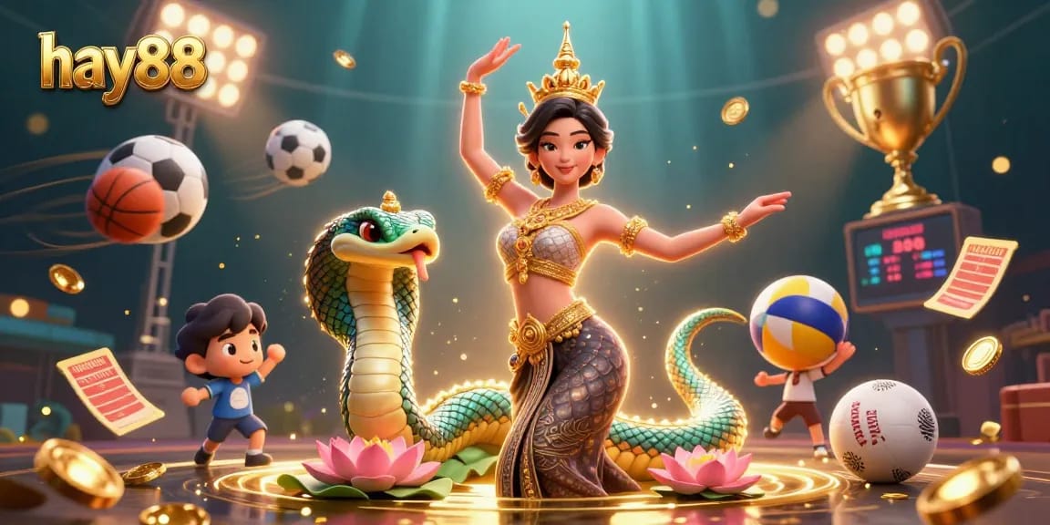 Experience thrilling wins at hay88 with a vibrant 3D digital casino scene filled with sports elements.