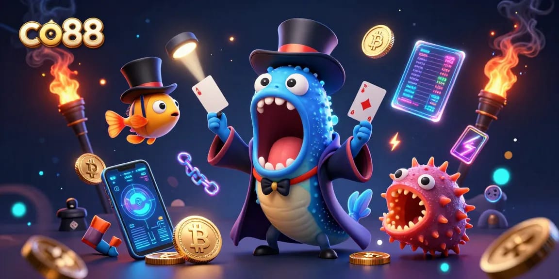 Play at co88 casino with engaging game elements in a vibrant, dynamic 3D illustration.