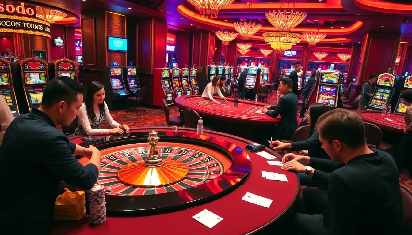 SODO casino scene with roulette table, poker chips, and engaging gamblers.