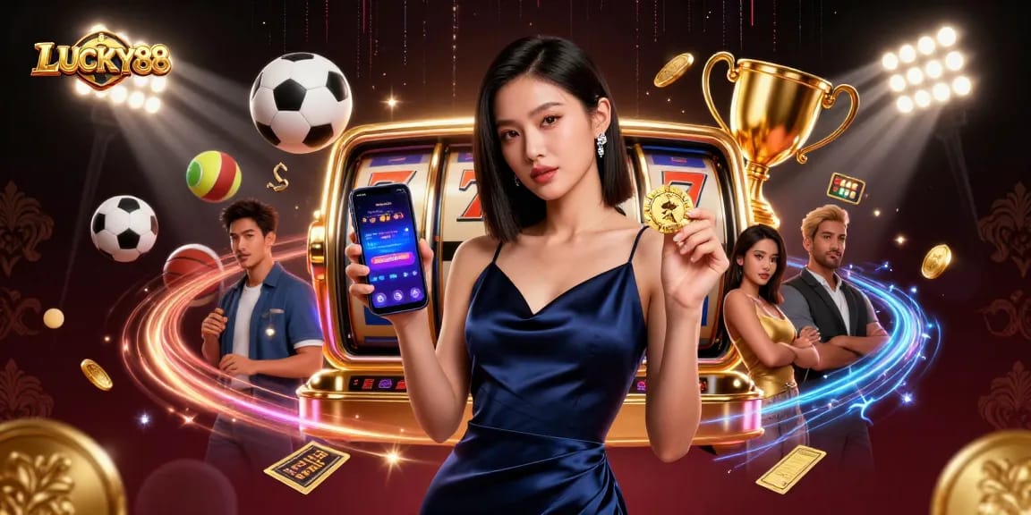 Play LUCKY88 slot to win big as a stunning woman showcases excitement.