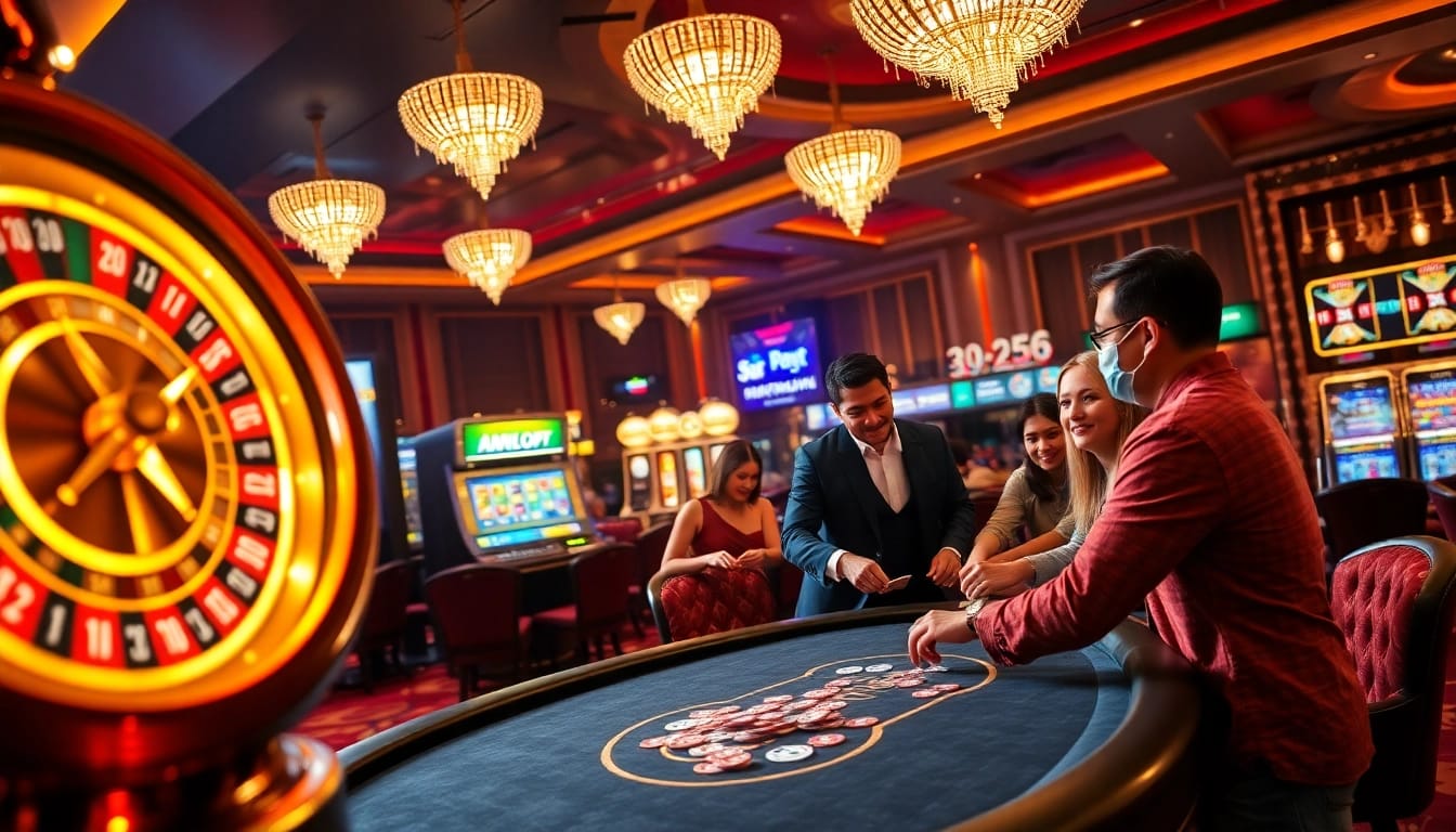 Players enjoying a thrilling game at the luxurious casino at https://f8bet.io/, showcasing high stakes and excitement.
