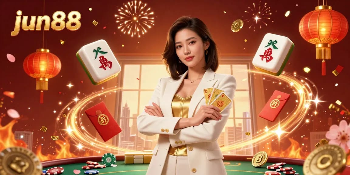 Experience the excitement at jun88 with a glamorous Asian woman showcasing her poker skills amidst celebratory elements.