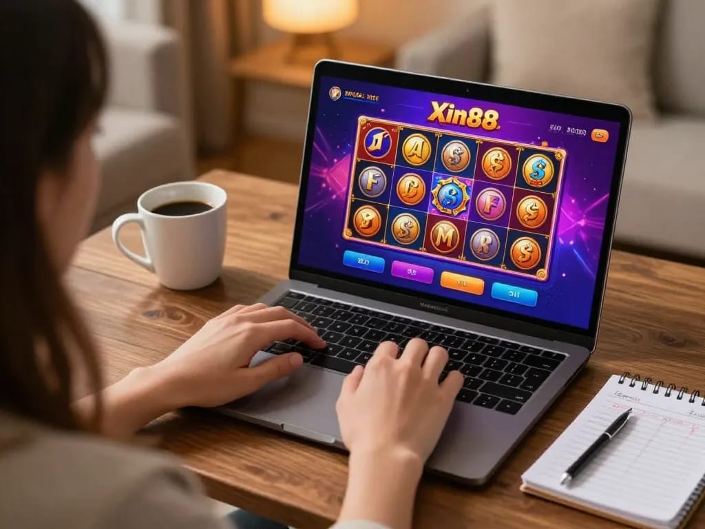 Engaging online casino gameplay on Xin88 with colorful slots displayed, cozy home atmosphere