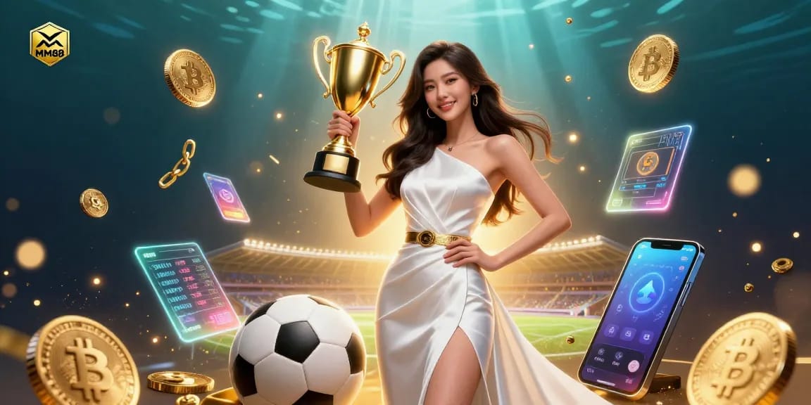 Engage in thrilling sports betting adventures with MM88, featuring a stunning Asian woman winning a golden trophy in a dynamic casino scene.