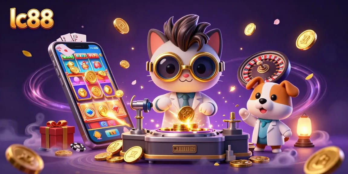 Experience the thrill of lc88 casino with a mad scientist cat and lab assistant in a vibrant gaming scene.