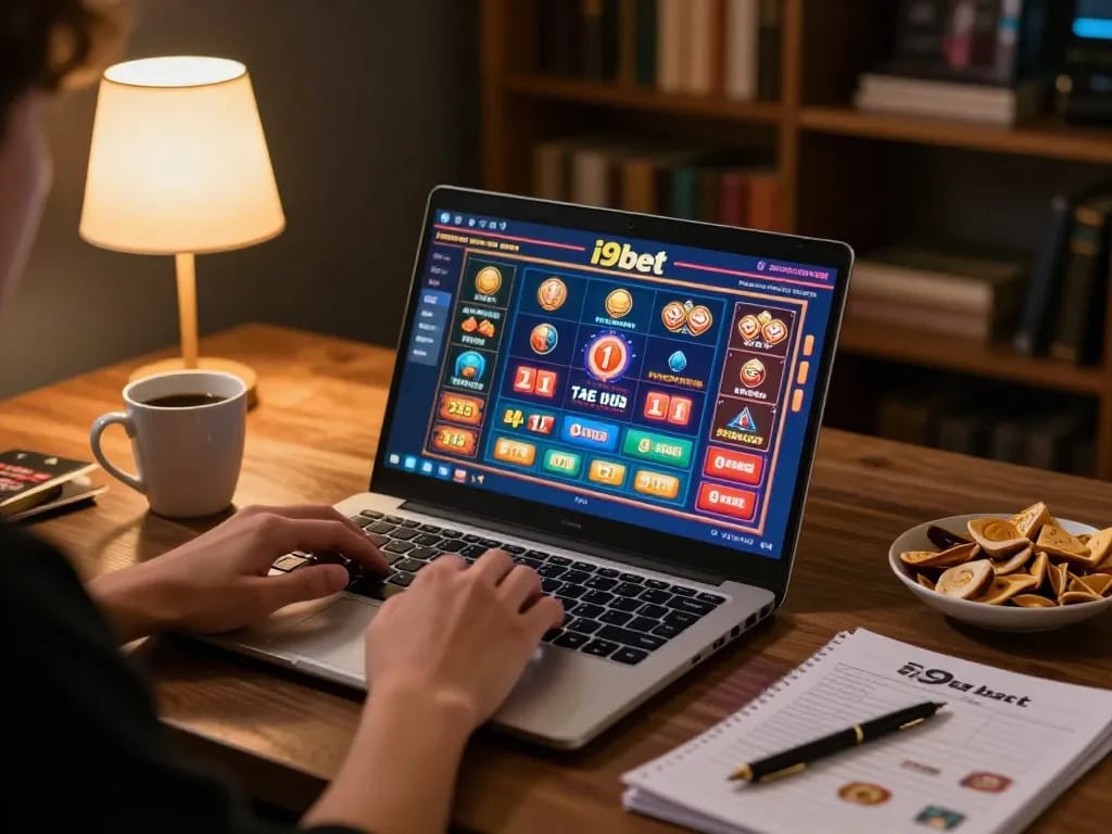 Person gaming on i9bet laptop with strategy notes and cozy atmosphere.