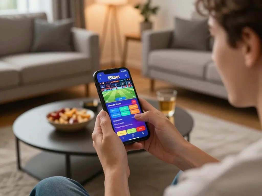 Person excitedly using the 188bet app for sports betting, showcasing vibrant interface in engaging home setting.