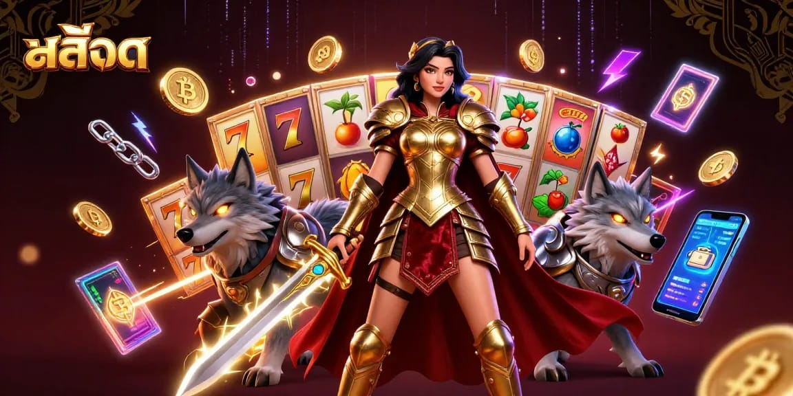 Play thrillingสล็อต games featuring vibrant reels and lucky symbols in an immersive casino scene.