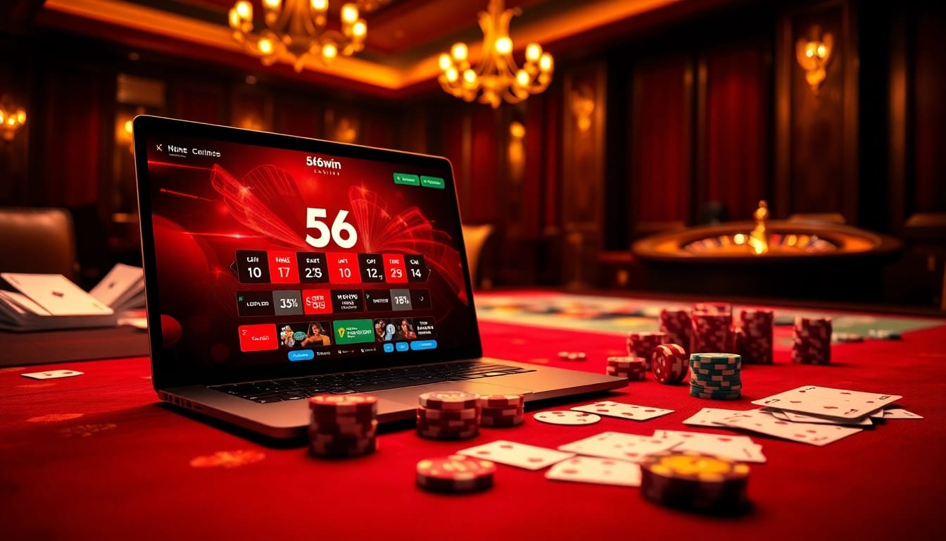 Experience the excitement of 56win with vibrant casino games, poker chips, and a rich atmosphere.