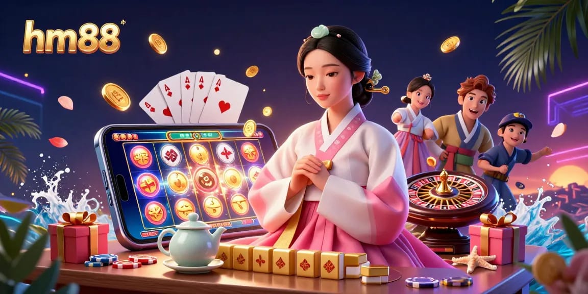 Players enjoy spinning slots and poker games at hm88, featuring a serene Asian woman in traditional attire.