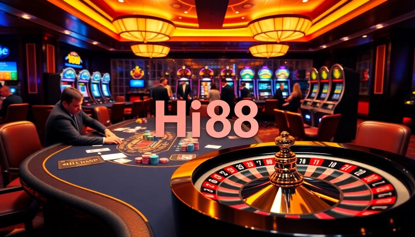 Engaging players at a Hi88 casino table with vibrant poker chips and a thrilling roulette wheel.