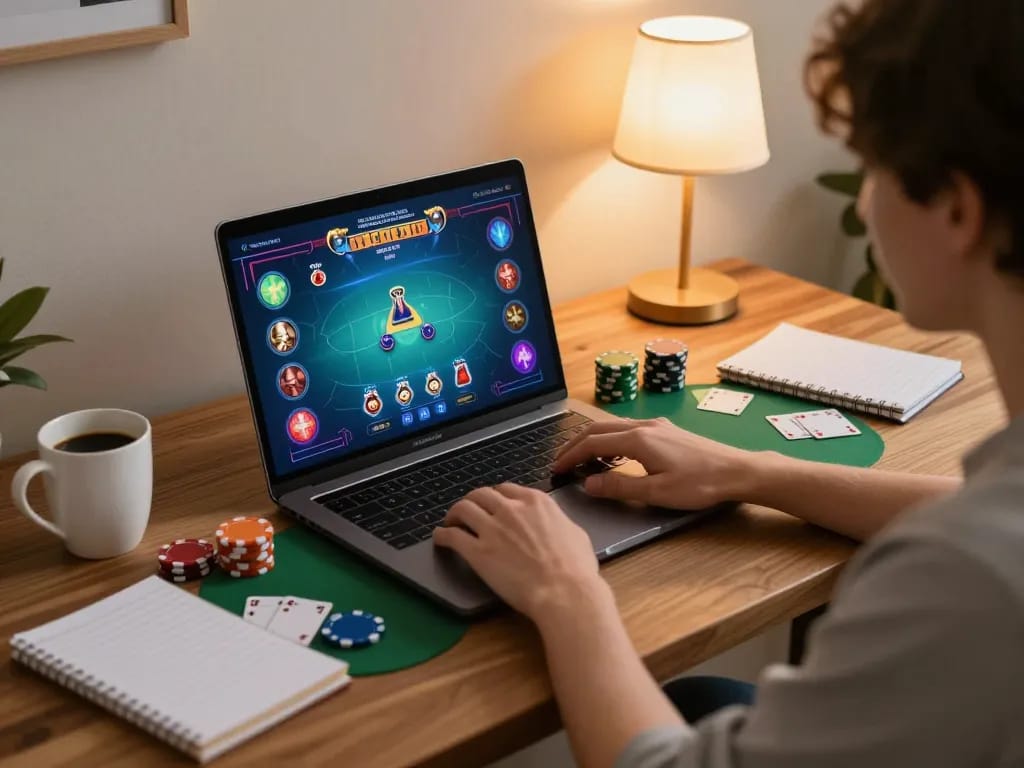 Player engaging in online poker gaming while analyzing strategy notes at home with gen-e.